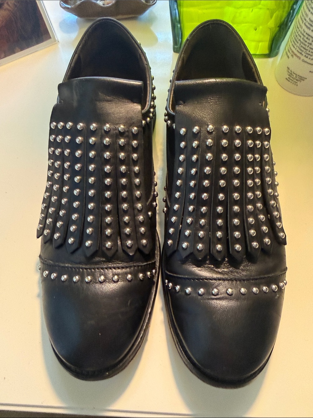 Black Studded Fringe Slip-On Women’s Italian Loafers